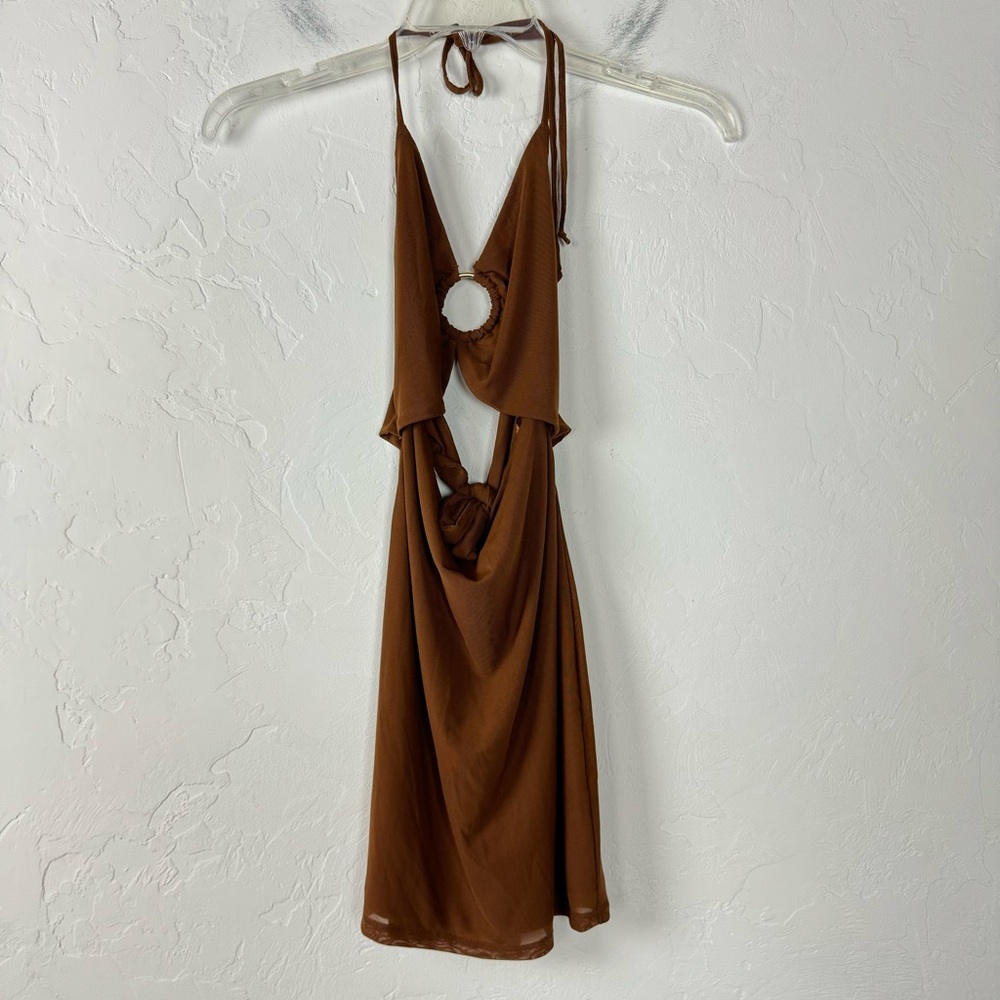 Tillys West of Melrose Mini‎ Dress Solid Brown Halter Neck Cut Out Mesh O Ring